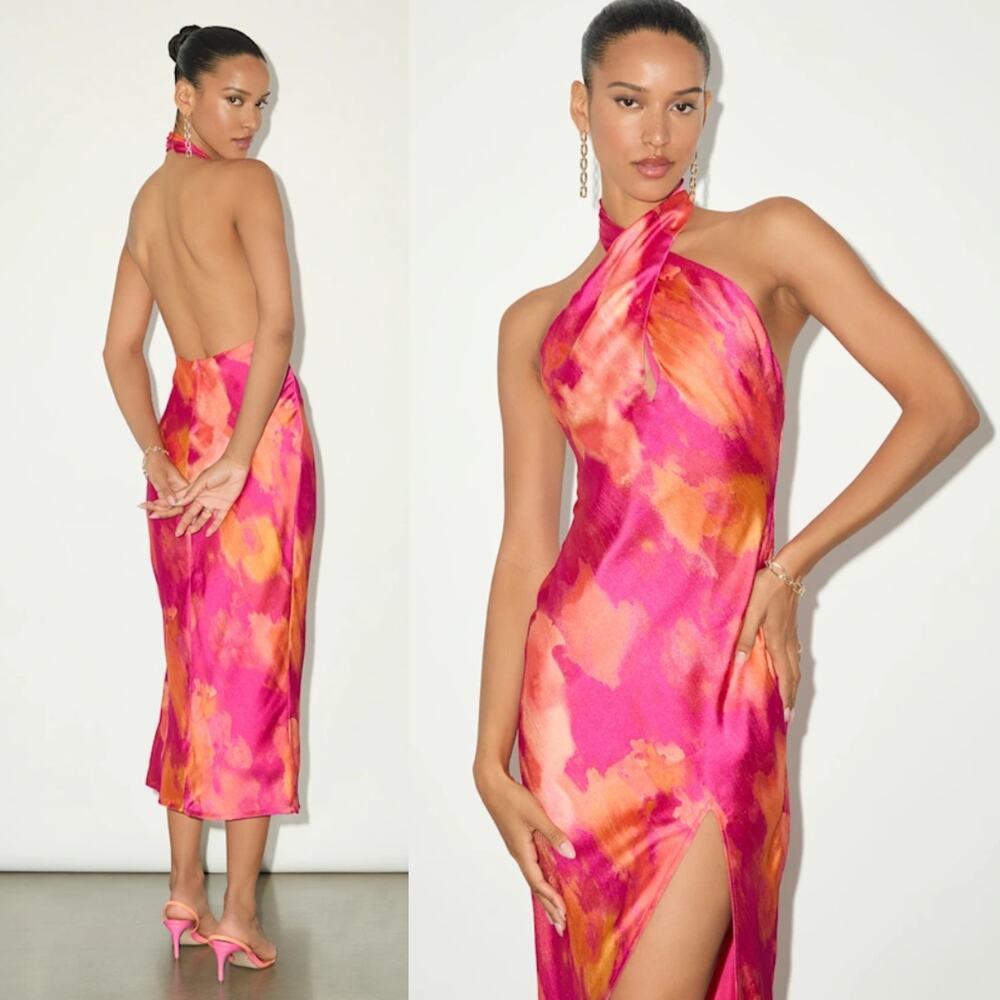 NWT Lulus Beyond Classy Pink Multi Abstract Satin Halter Midi Dress Party Size S